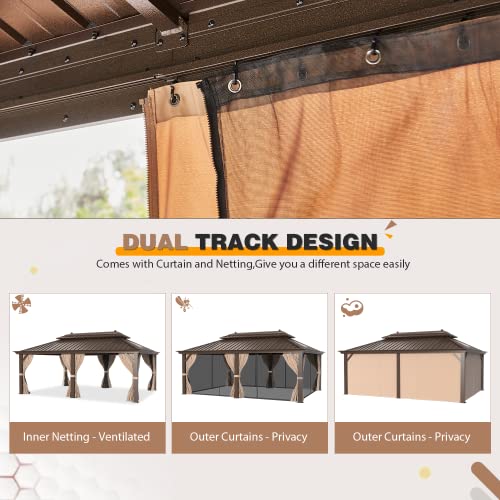 EROMMY 14'x20' Hardtop Gazebo Double Roof Galvanized Steel Canopy Outdoor Aluminum Frame Permanent Metal Pavilion with Netting and Curtains for Patio Backyard Deck and Lawns