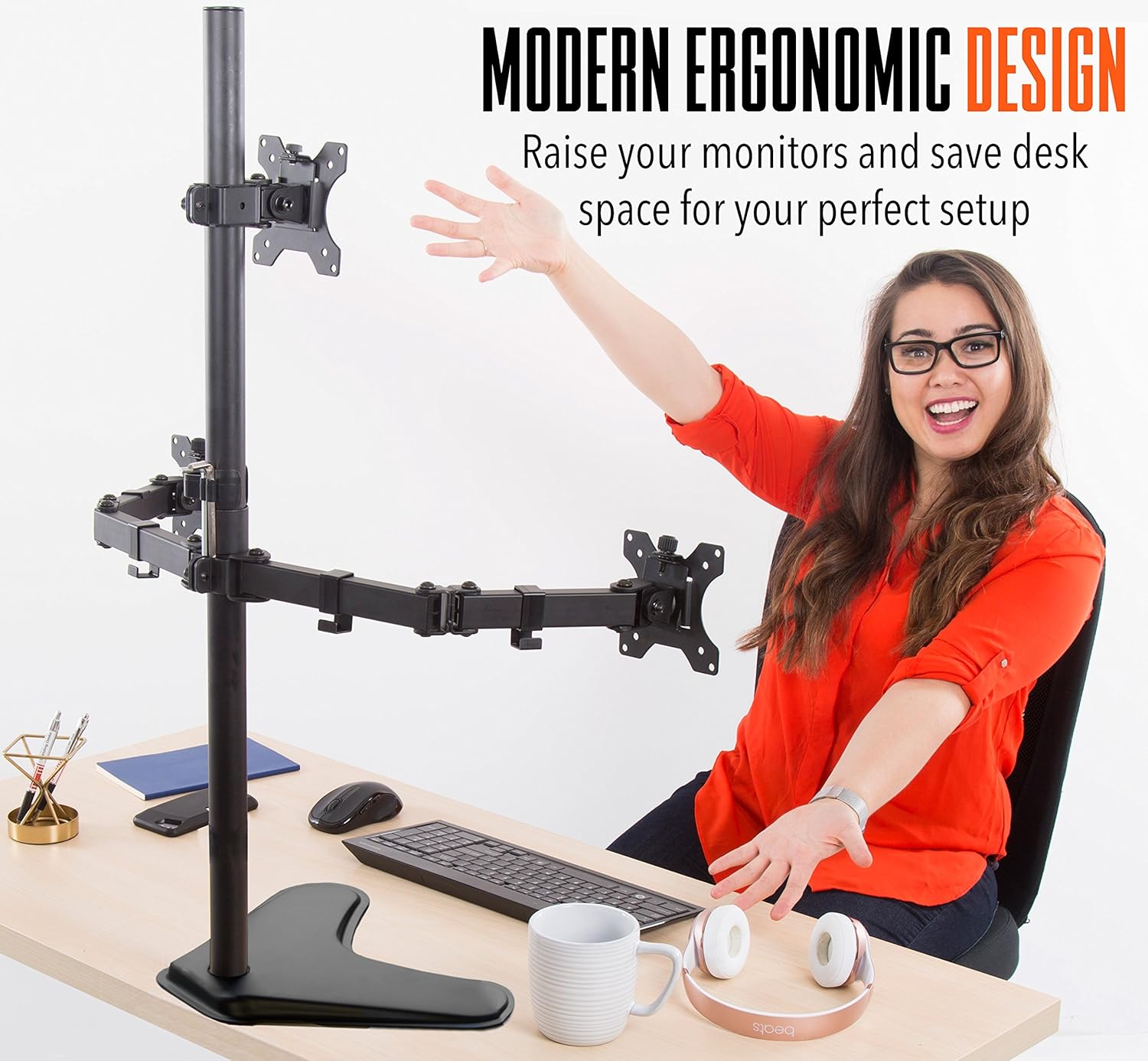 Stand Steady Freestanding 3 Monitor Mount Desk Stand | Height Adjustable Triple Monitor Stand with Full Articulation VESA Mounts | Fits Most LCD/LED Monitors 13-32 Inches | Easy Set-Up 3 Monitor Arm Pack of 2