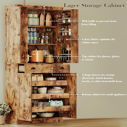 IRONCK Kitchen Pantry Cabinet with Sliding Storage Rack and 6 Hanging Shelves, 72" Height Tall Freestanding Cupboard for Living Room, Dining Room, Laundry, White