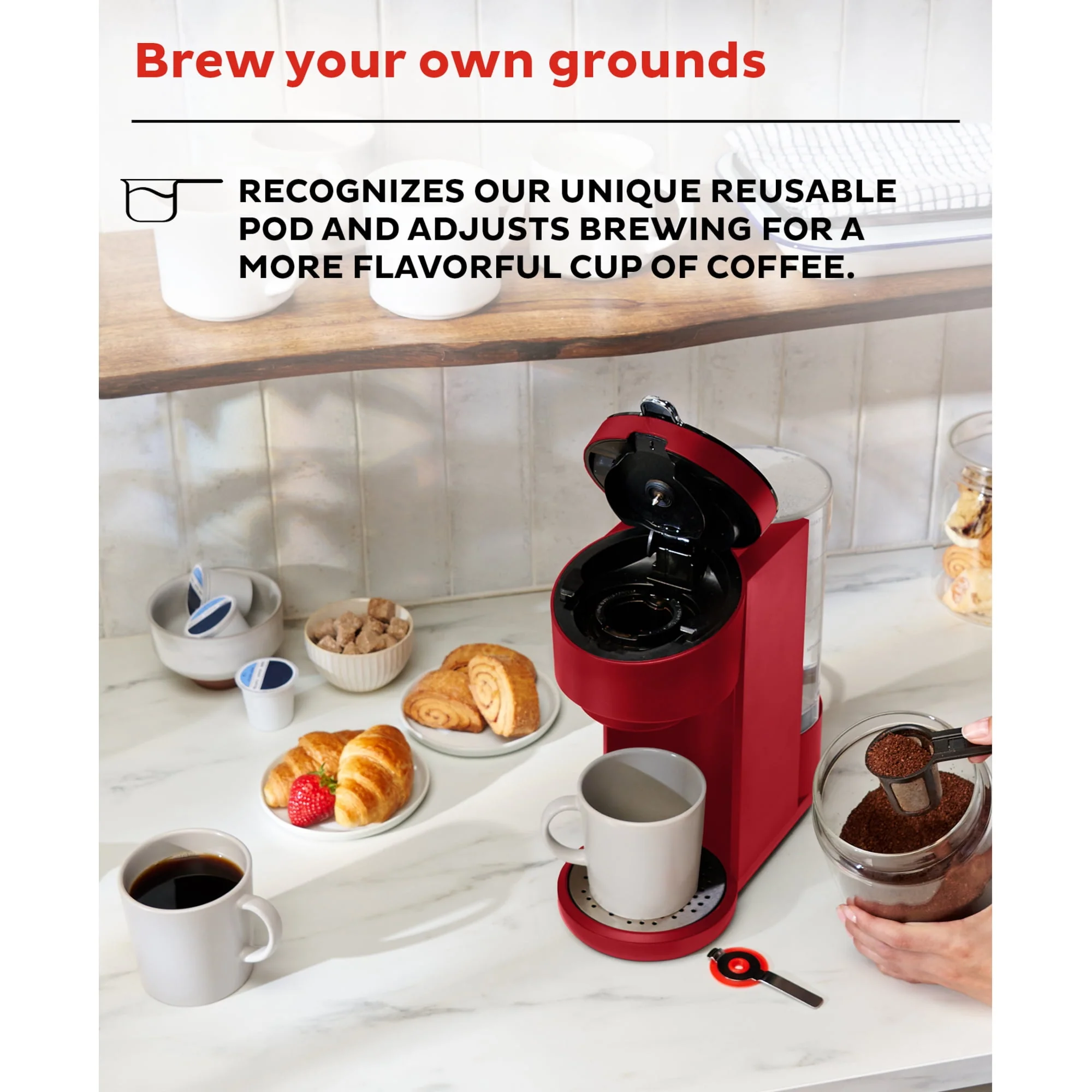 Instant Solo 2-in-1 Single Serve Coffee Maker for Ground Coffee or K-Cup Pods with 3 Brew Sizes, Maroon Red