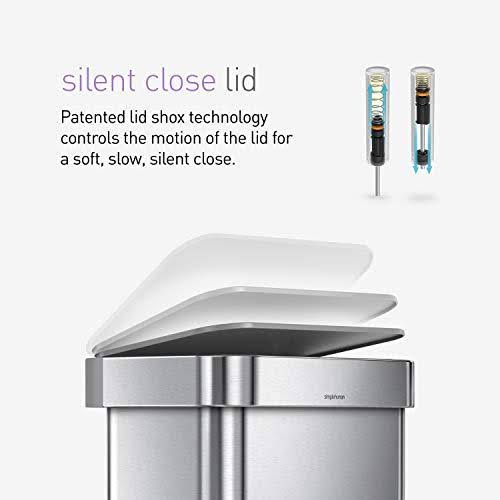 simplehuman 45 LITER Rectangular Kitchen Step Soft-Close, Brushed Stainless Steel with Plastic Lid Hands-Free Trash Can