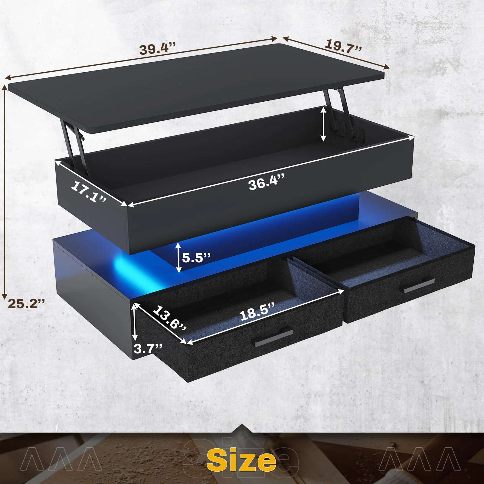 SEDETA 40" Lift Top Coffee Table with Storage, Small Coffee Table with 2 Fabric Drawers and LED Light for Dining Reception Room, Black
