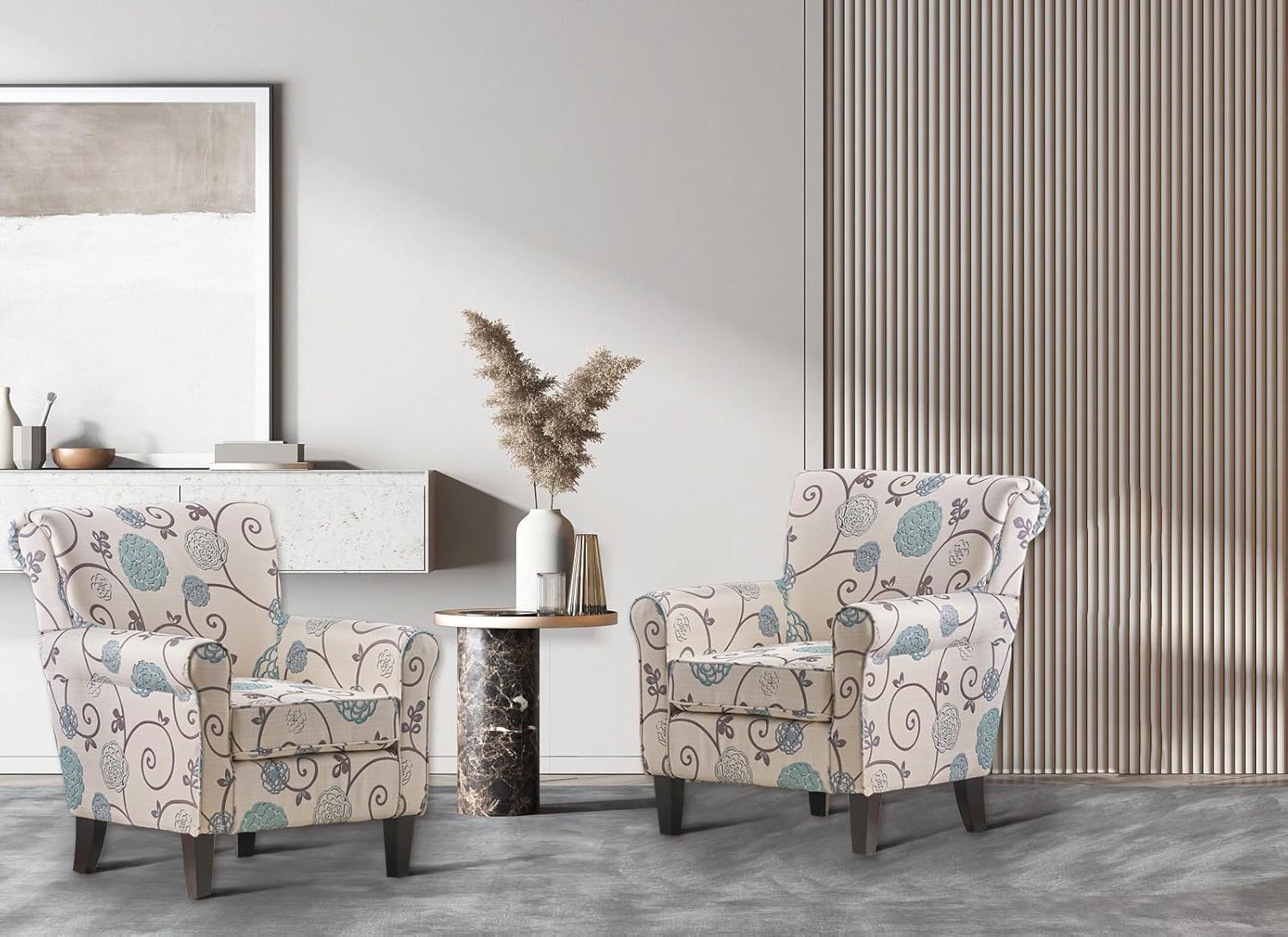 Millies Patterned Fabric Sofa, Modern Chic Couch,Living Room Armchair with Wooden Metal Legs for Bedroom Living Reading Room,White/Blue Crushed Floral Sofa