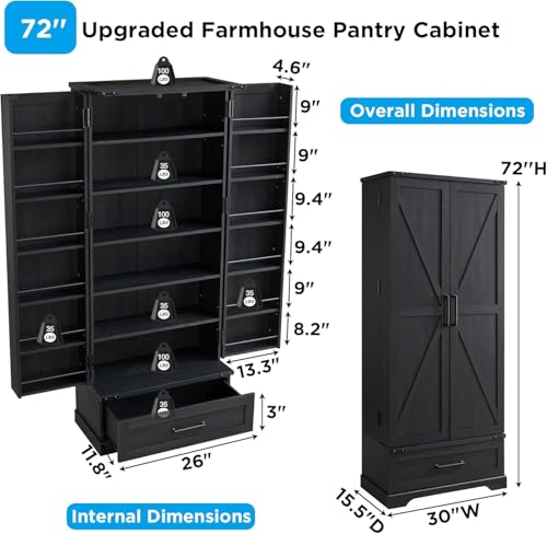 72" Farmhouse Kitchen Pantry Cabinet with Drawer, Tall Storage Cabinet with 2 Barn Doors and Shelves, Versatile Large Rustic Cupboard for Dining Room, Bathroom, Living Room, Laudry, White