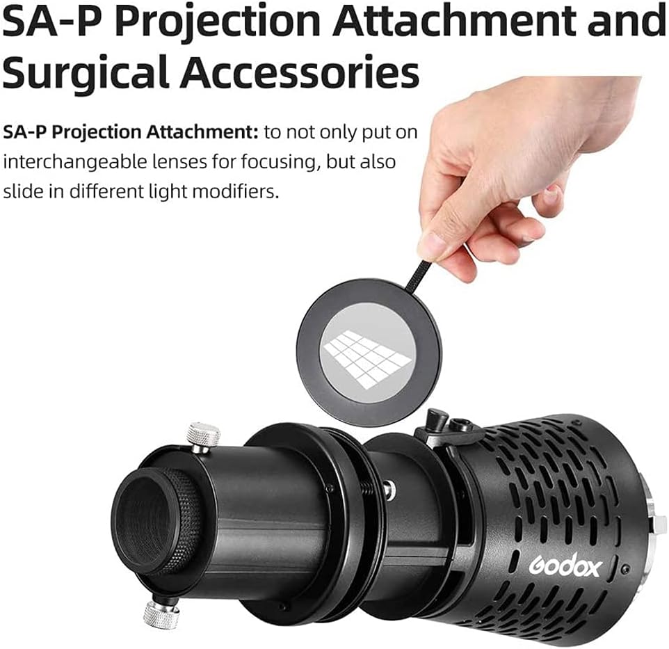 Godox SA-17 Bowens Mount Adapter with Godox SA-P Projection Attachment + SA-06 Iris Diaphragm + SA-09-001 GOBO Set + SA-10 GOBO Set Holder Create Theatrical Effect for Bowens Mount LED Video Light