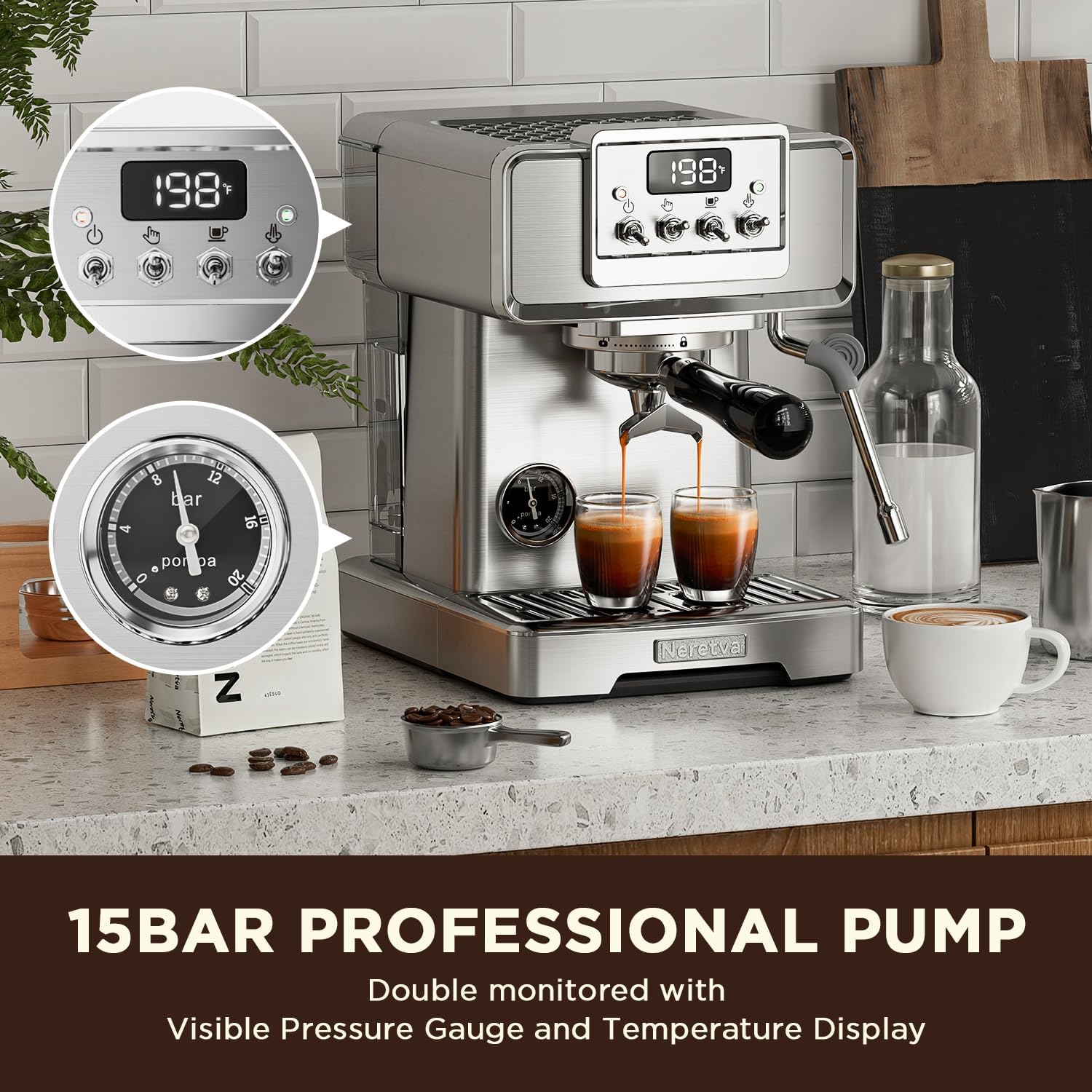 Neretva Espresso Machine, 15 Bar LCD Display Espresso Maker Manual&Auto Mode Stainless Steel Espresso Coffee Machines with 60oz Water Tank&Milk Frother for Home Barista, Latte and Cappuccino Machine