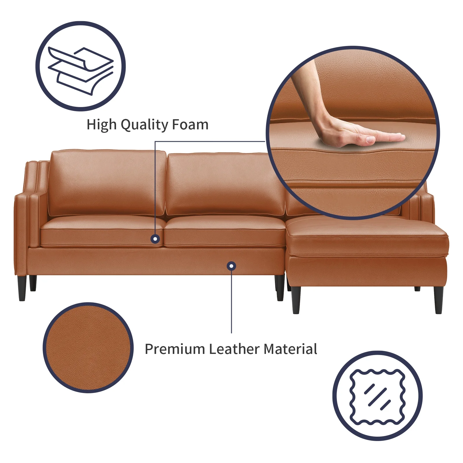 ijuicy Leather Sectional Sofa, Luxurious Leather Upholstered Couches with Right Facing Chaise, 3-Seater Sofa Set with Modular Chaise Lounge for Living Room Apartment Office - Cognac