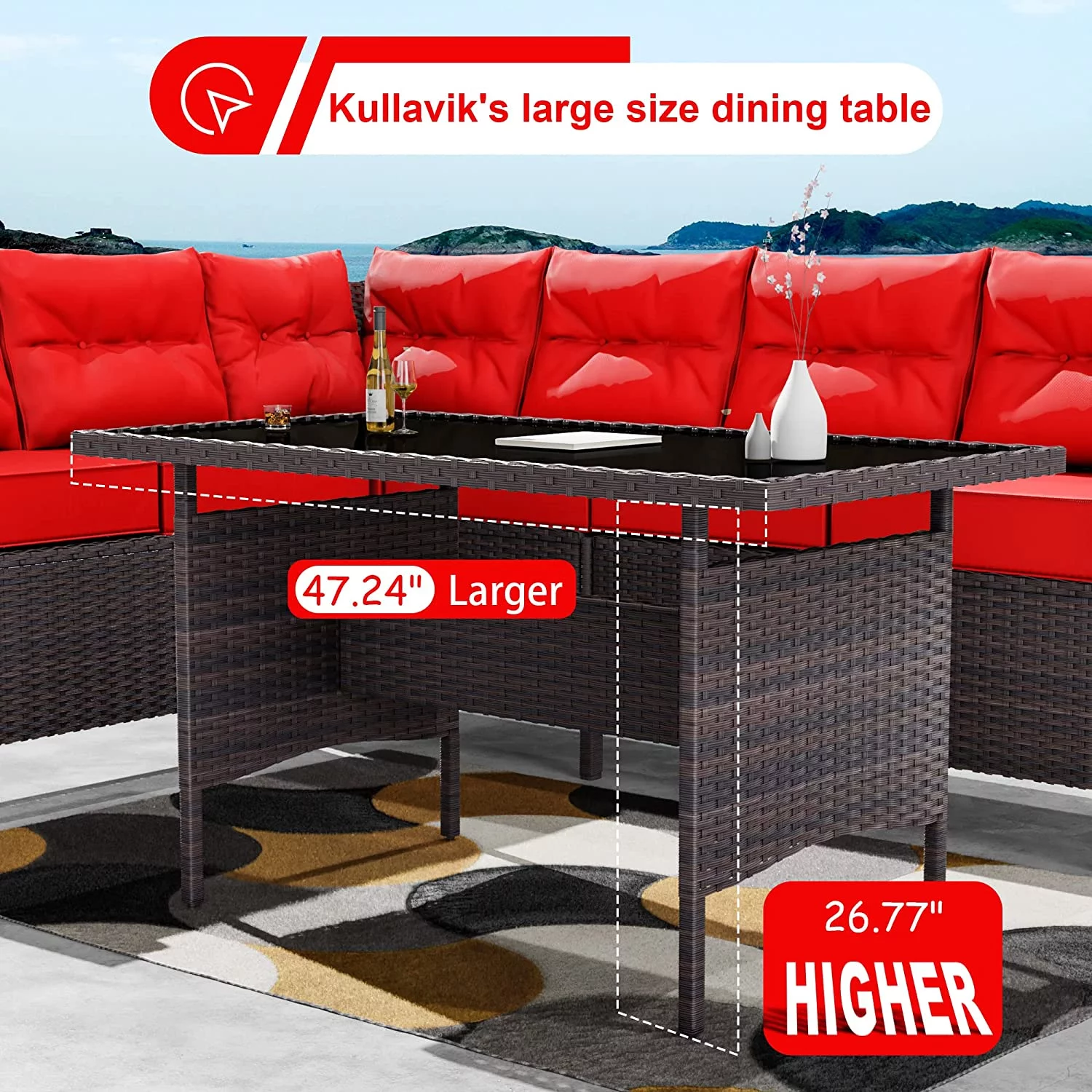 Gotland 7 Piece Outdoor Patio Furniture Set All-Weather Wicker Rattan Sofa Set Outdoor Sectional Conversation Set with 3 Loveseats,1 Dining Table and 3 Footrests,Red