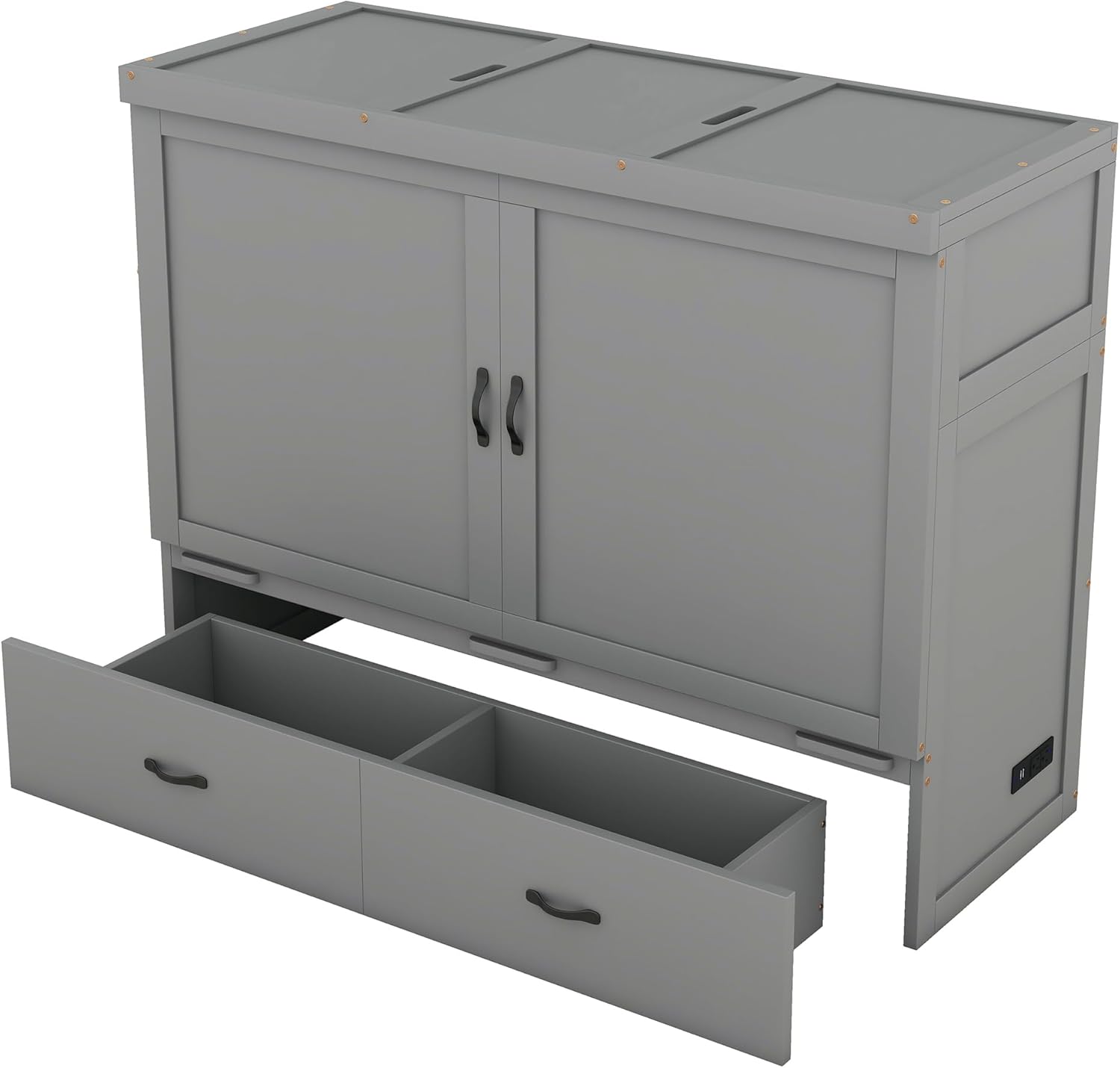 Queen Size Murphy Bed, Classic Cube Bedframe with USB Port & Large Storage Drawer, Space-Saving Design, Wall Bed for Small Space, Apartments, Guest Room, Gray