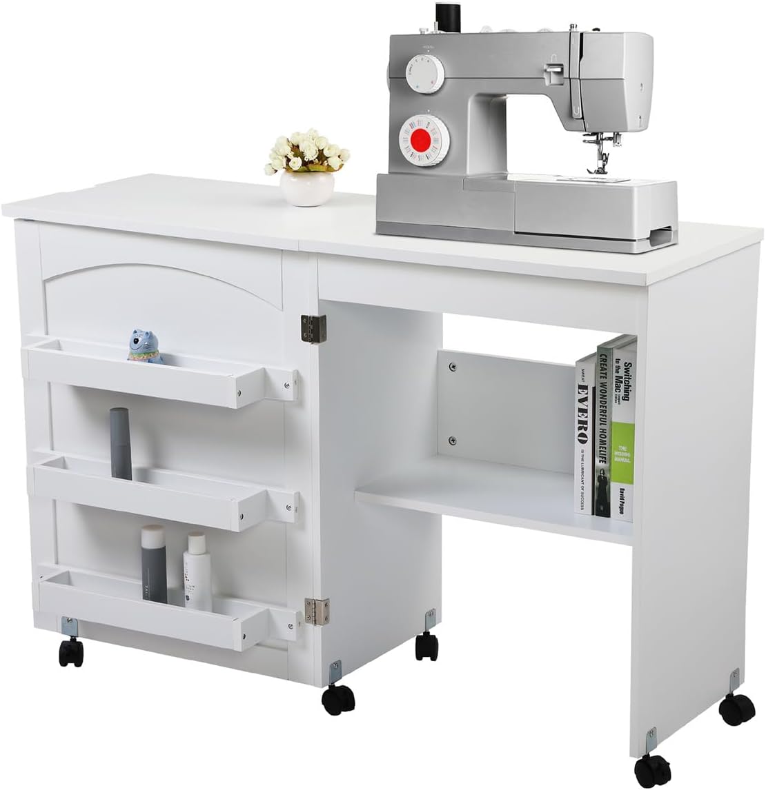 Folding Sewing Craft Cart&Sewing Cabinet Miscellaneous Sewing Kit Art Desk with Storage Shelves and Lockable Casters, White
