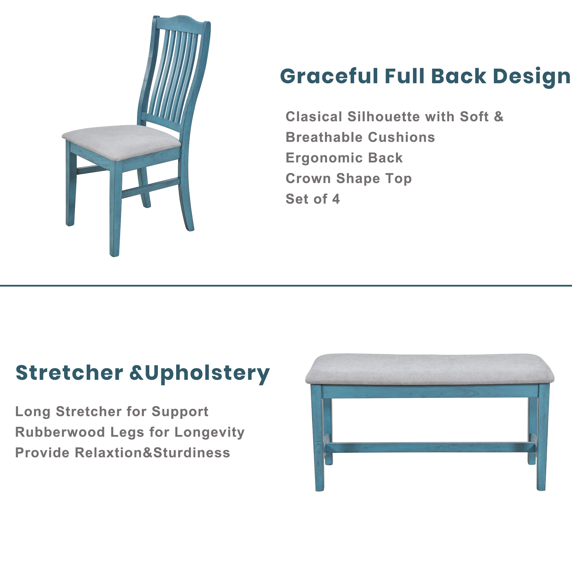 Churanty Farmhouse 6 Pieces Dining Table Set for 6,Rectangle Wood Kitchen Table with Drawer and 4 Upholstered Chairs and Bench,Antique Blue