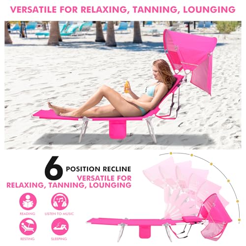 Backpack Beach Tanning Chair with Face Hole Sun Canopy Umbrella, Folding Lounge Chair Reclining 6 Position for Adults Outside Sunbathing Reading Poolside Camping, UPF 50+ Sun Shade, 2 Pack