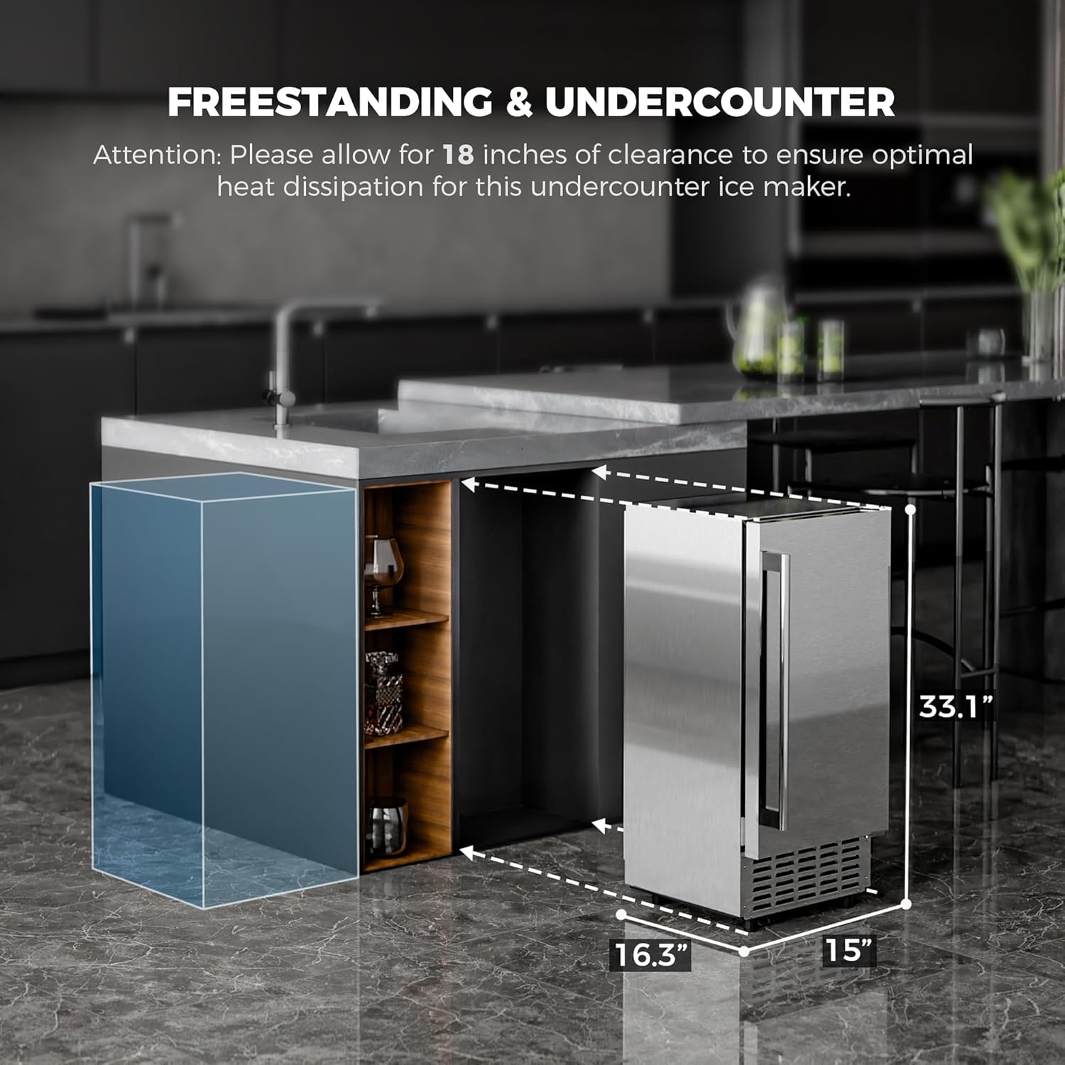 AGLUCKY Under Counter Nugget Ice Maker Machine with Drain Pump, Built-in Ice Machine with Pebble Ice, 70Lbs/Day, 24H Timer & Self-Cleaning, Double ice Baskets, UnderCounter Ice Machine for Home Use