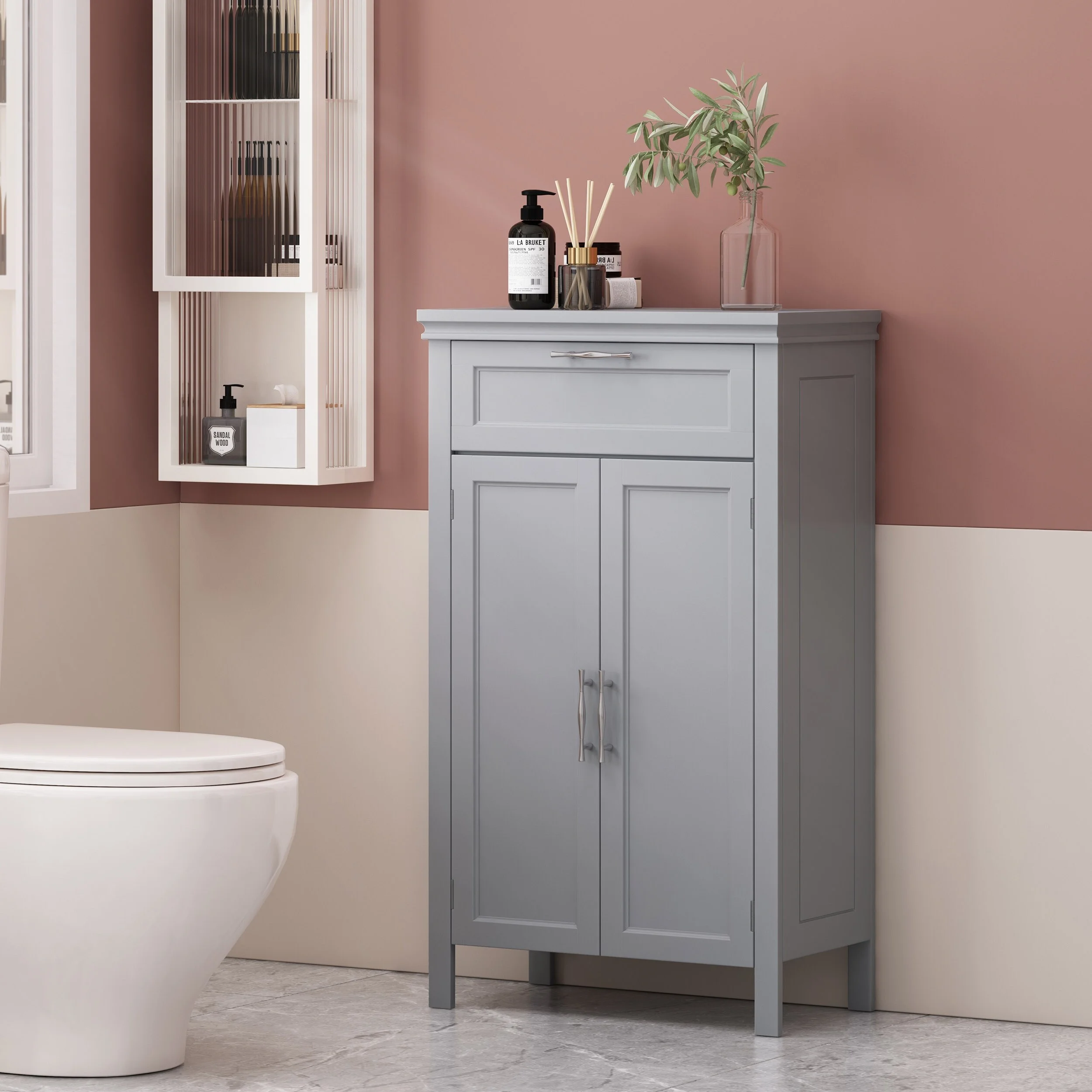 Christopher Knight Home Edgell  Manufactured Wood Bathroom 2 Door Floor Storage Cabinet with Drawer by  Grey