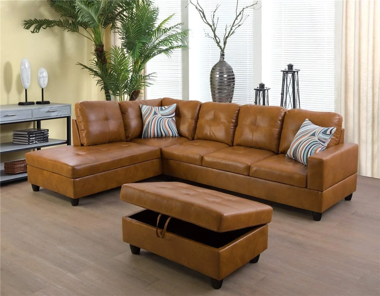 Ponliving Furniture Faux Leather 3 Piece Sectional Sofa Couch Set, L-Shaped Modern Sofa with Chaise Storage Ottoman and Pillows for Living Room Furniture