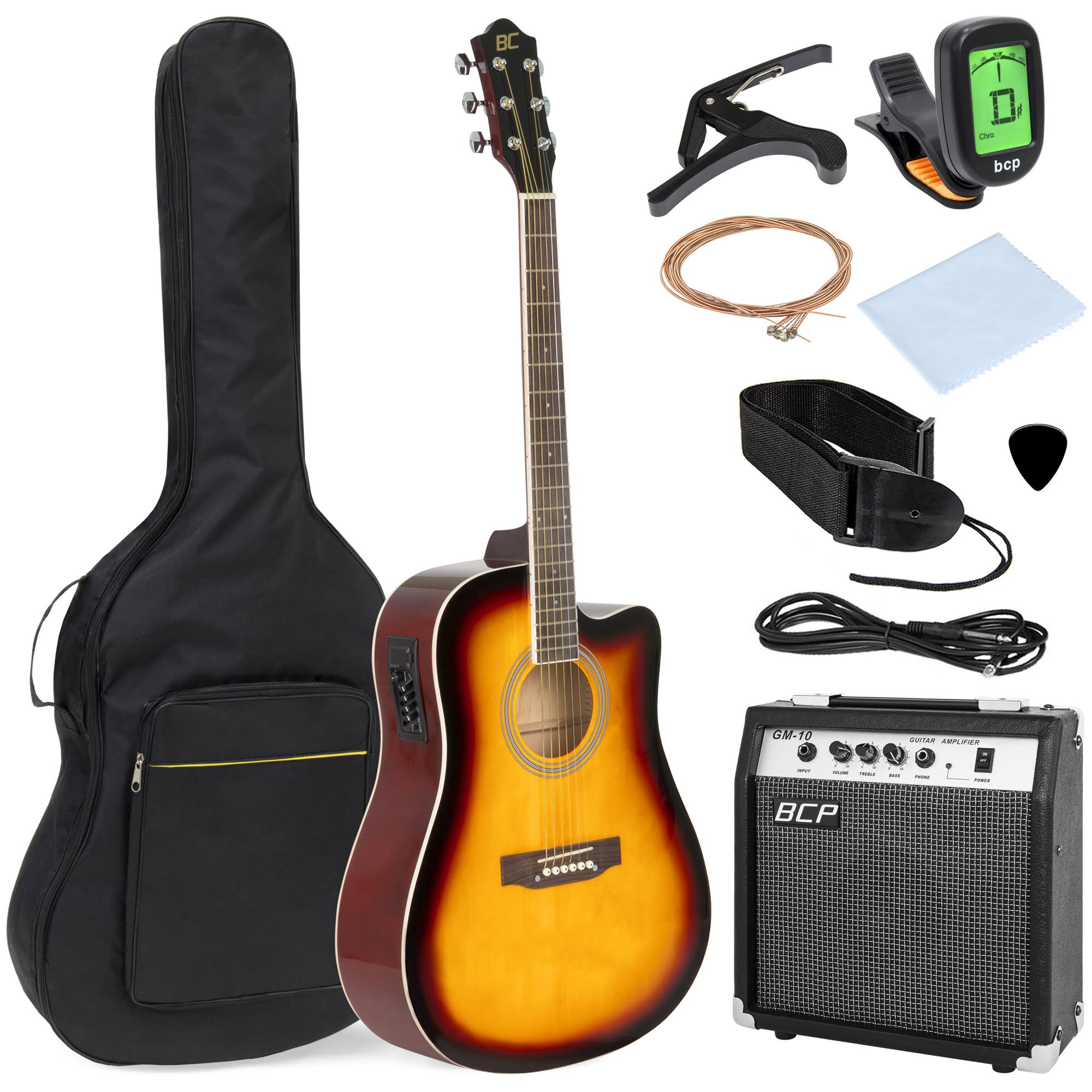 Best Choice Products 41in Full Size Acoustic Electric Cutaway Guitar Set with 10-Watt Amp, Capo, E-Tuner, Case - Sunburst