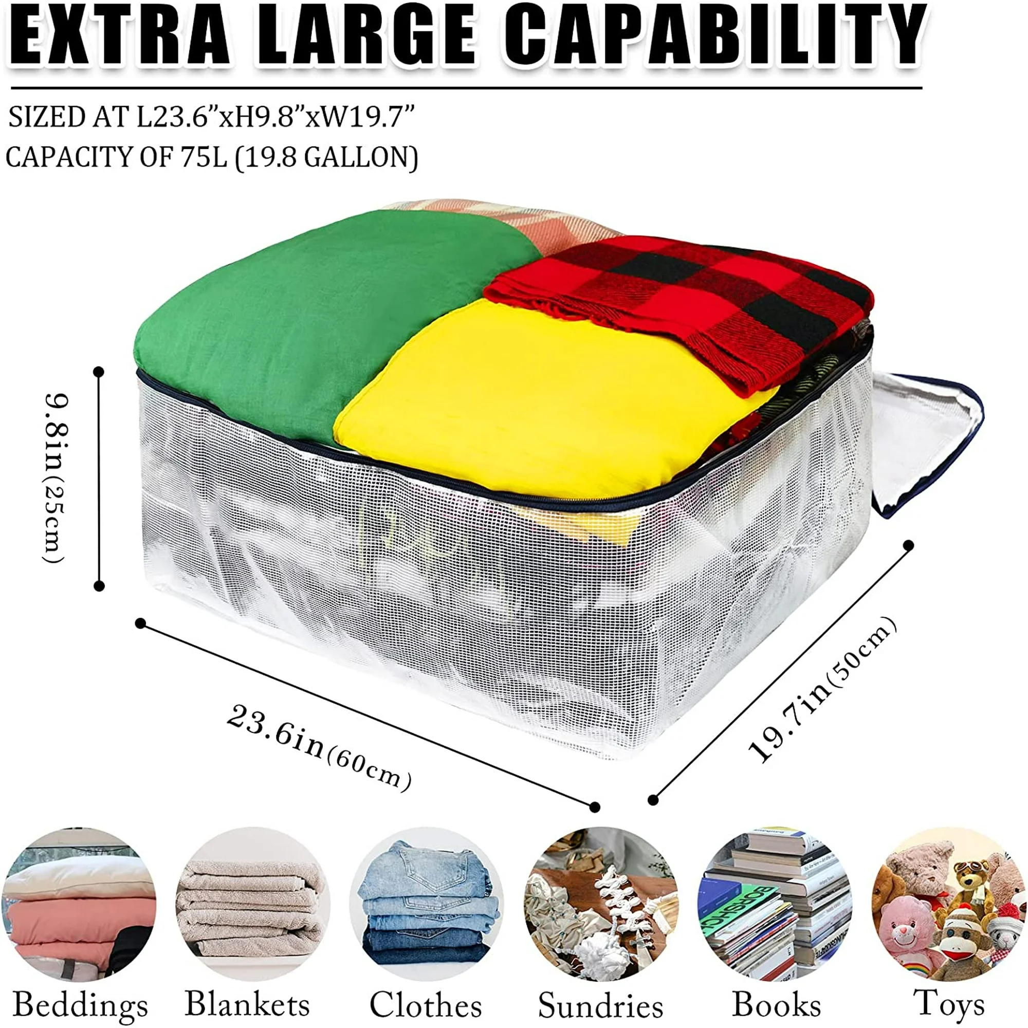 Clear Storage Bags with Zipper, 75L Extra Large Capacity - Closet, Underbed Storage Organizer for Clothes, Bedding, Comforter, Toys, Pillow &amp; Blanket, 3 Pack
