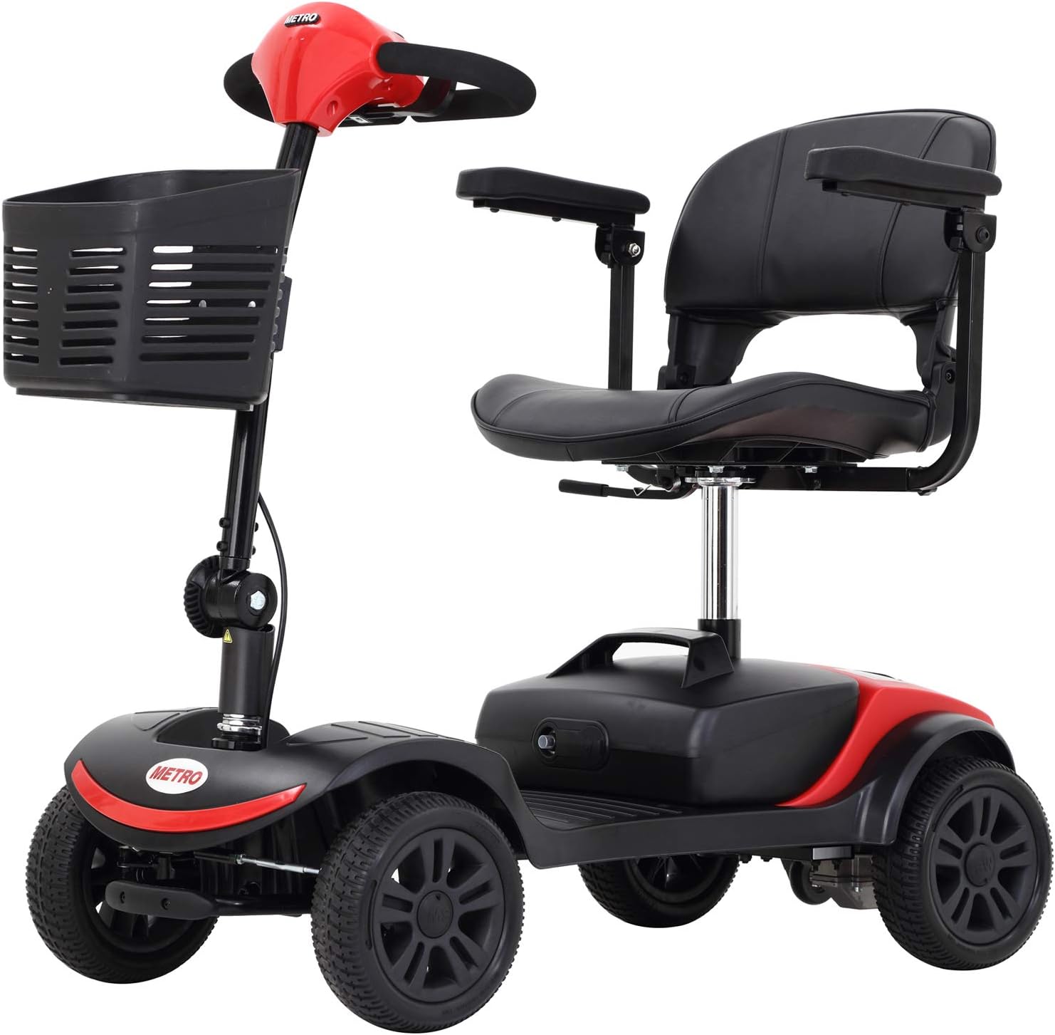 Metro Mobility Compact Travel Electric Powered Mobility Scooter for Adults and Seniors - 300 lbs Max Weight, Foldable, Lightweight, 4 Wheel, Thick Leather Seat, Large Capacity Lead-Acid Battery-Yellow