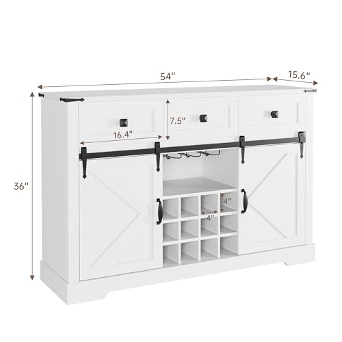 IDEALHOUSE Buffet Cabinet with Storage, 54" Farmhouse Coffee Bar Cabinet with 3 Drawers & Sliding Barn Door, Wine Cabinet with Wine and Glass Rack for Kitchen, Dining Room, White
