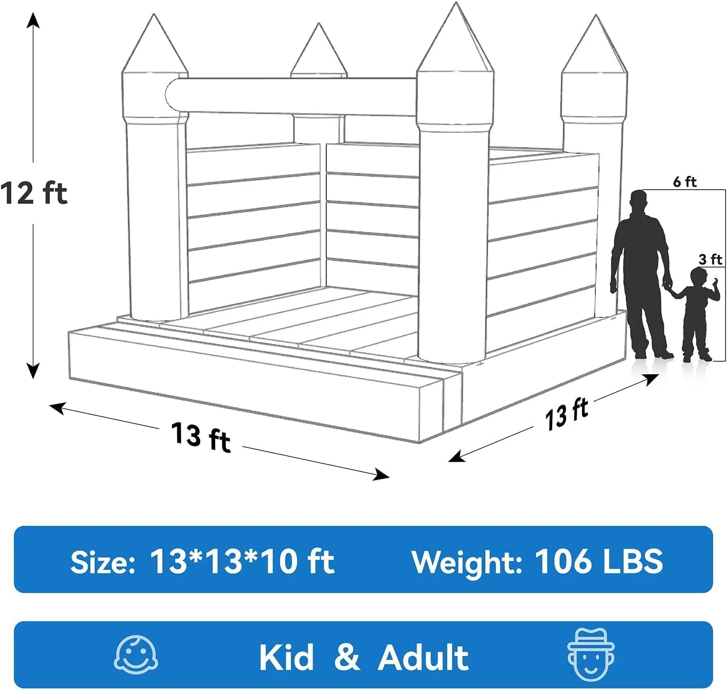 Connsann Commercial White Bounce House 13ft with Air Blower Large Size Jumping Catle for Kids and Adults (13*13*12ft（4*4*3.6m Castle）)