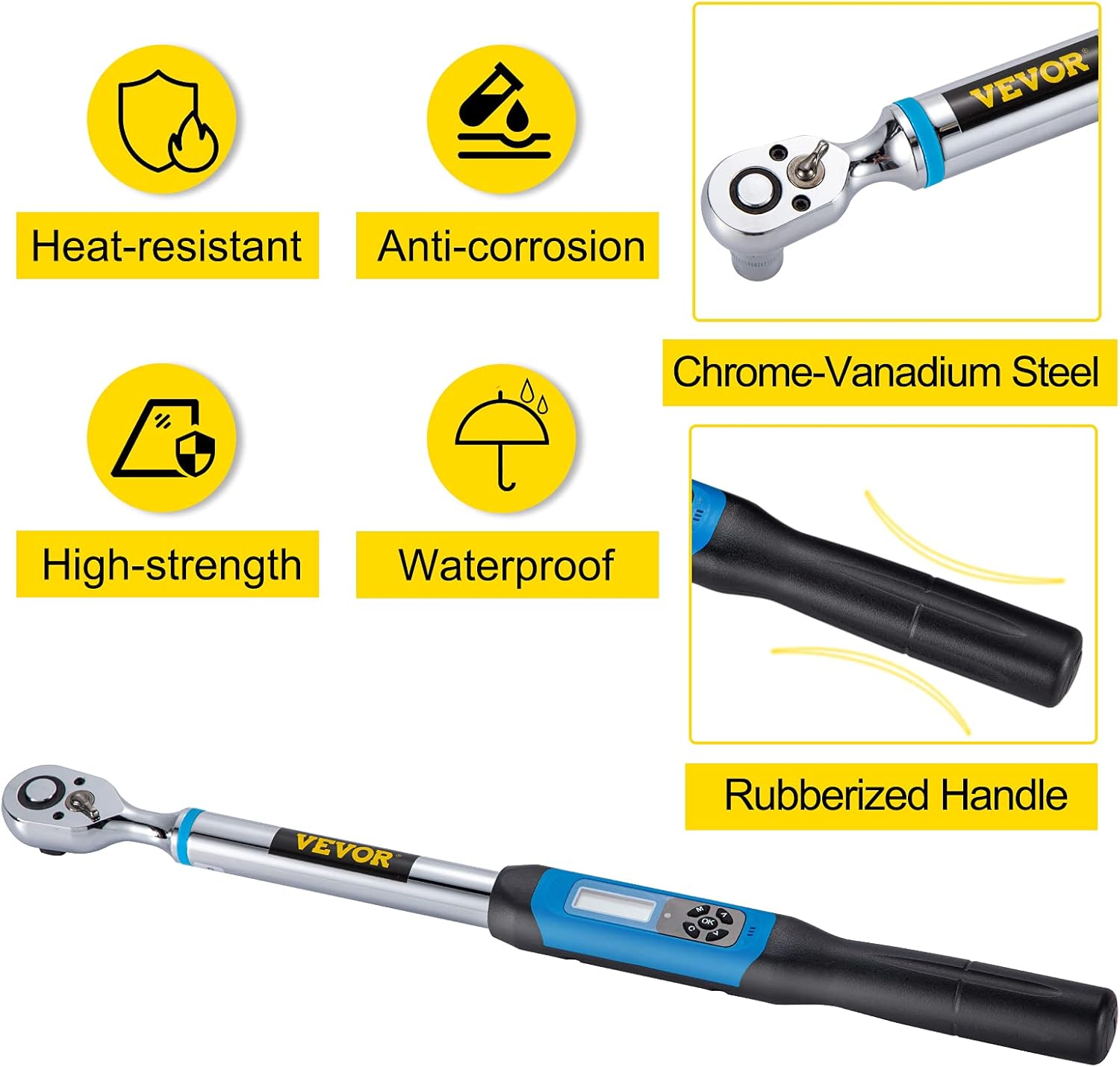 VEVOR Digital Torque Wrench, 1/2" Drive Electronic Torque Wrench, Torque Wrench Kit 7.47-147.5 ft-lb Torque Range Accurate to &plusmn;2%, Adjustable Torque Wrench w/LED Display and Buzzer, Socket Set & Case