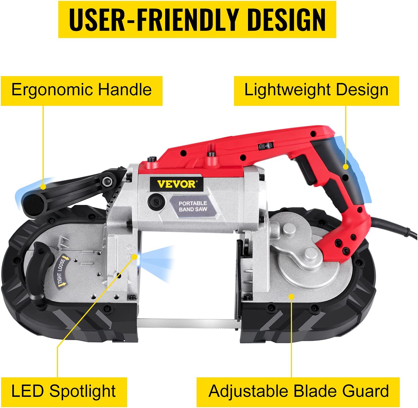 VEVOR Portable Band Saw, 5Inch Cutting Capacity Cordless BandSaw, Variable Speed Hand held Band Saw,10Amp Motor Portable Bandsaw, Deep Cut Bandsaw for Metal Wood Tubing Pipes Rebar and Plastic