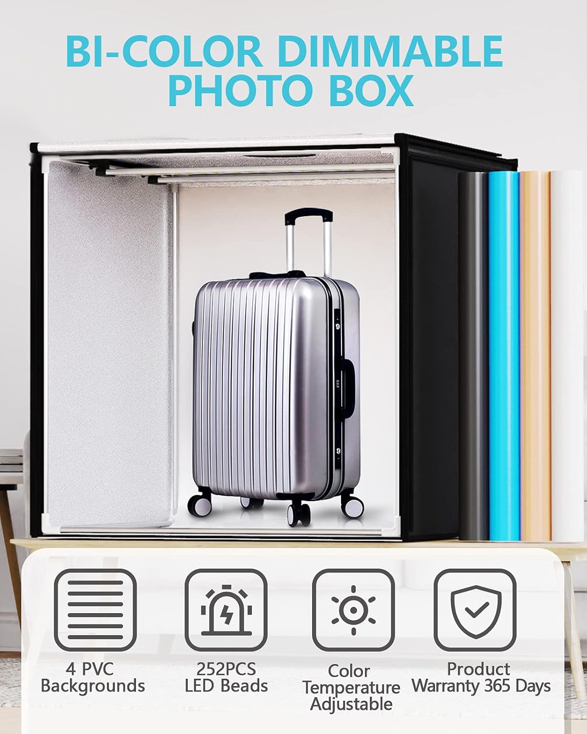 FOSITAN Bi-Color 2600K-8500K Photo Box, 39"/100cm Dimmable Photo Light Box Portable Folding Shooting Studio Tent with 4 Color Backdrops, 2 LED Light Bars,13000LM for Professional Product Advertising
