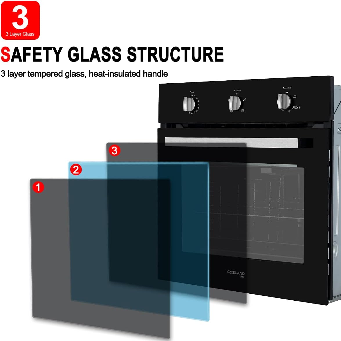 Single Gas Wall Oven, GASLAND Chef GS606MBN 24 Built-in Natural Gas Oven, 6 Cooking Functions Convection Wall Oven with Rotisserie, Mechanical Knobs Control, 120V Electric Ignition, Black Glass