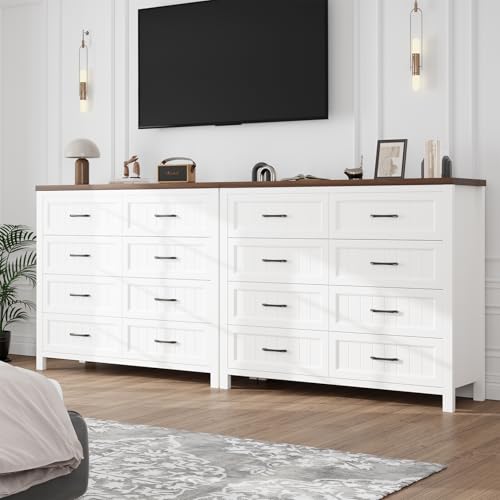 Elegant Farmhouse 8 Drawer Dresser for Bedroom - Large Wooden Double Dressers with Deep Drawers Dressers for Hallway, or Entryway - White & Brown