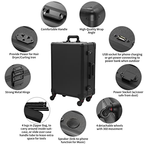 Large Makeup Train Case with Speaker & Code Lock & Full Screen Lighted Mirror & 3 Light Colors Lighted Rolling Cosmetic Organizer, Professional Artist Trolley Studio Free Standing