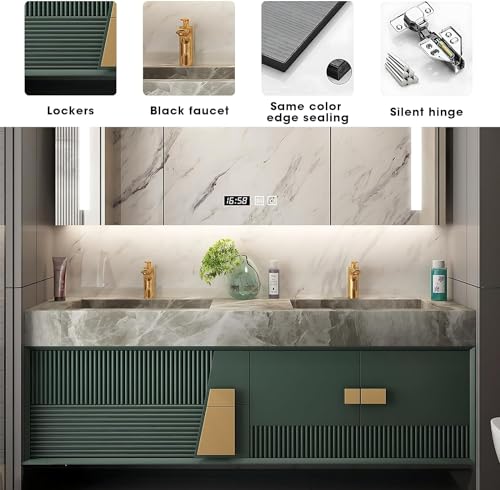 Double Bathroom Vanity Sink Set - Bathroom Vanity with Ceramic Basin Wall Mouted Cabinet includes Fashionable Green Solid Wood Cabinet Door Drawer (52IN)