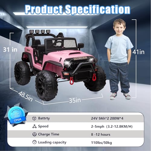 24V Electric Cars Vehicles Toys for Kids -2 Seater, 4x200W Powerful Wheels 4WD Ride on Truck Kids with 3 Speed Remote Control Spring Suspension, Bluetooth, MP3 Music, Soft Brake (Hot Pink)