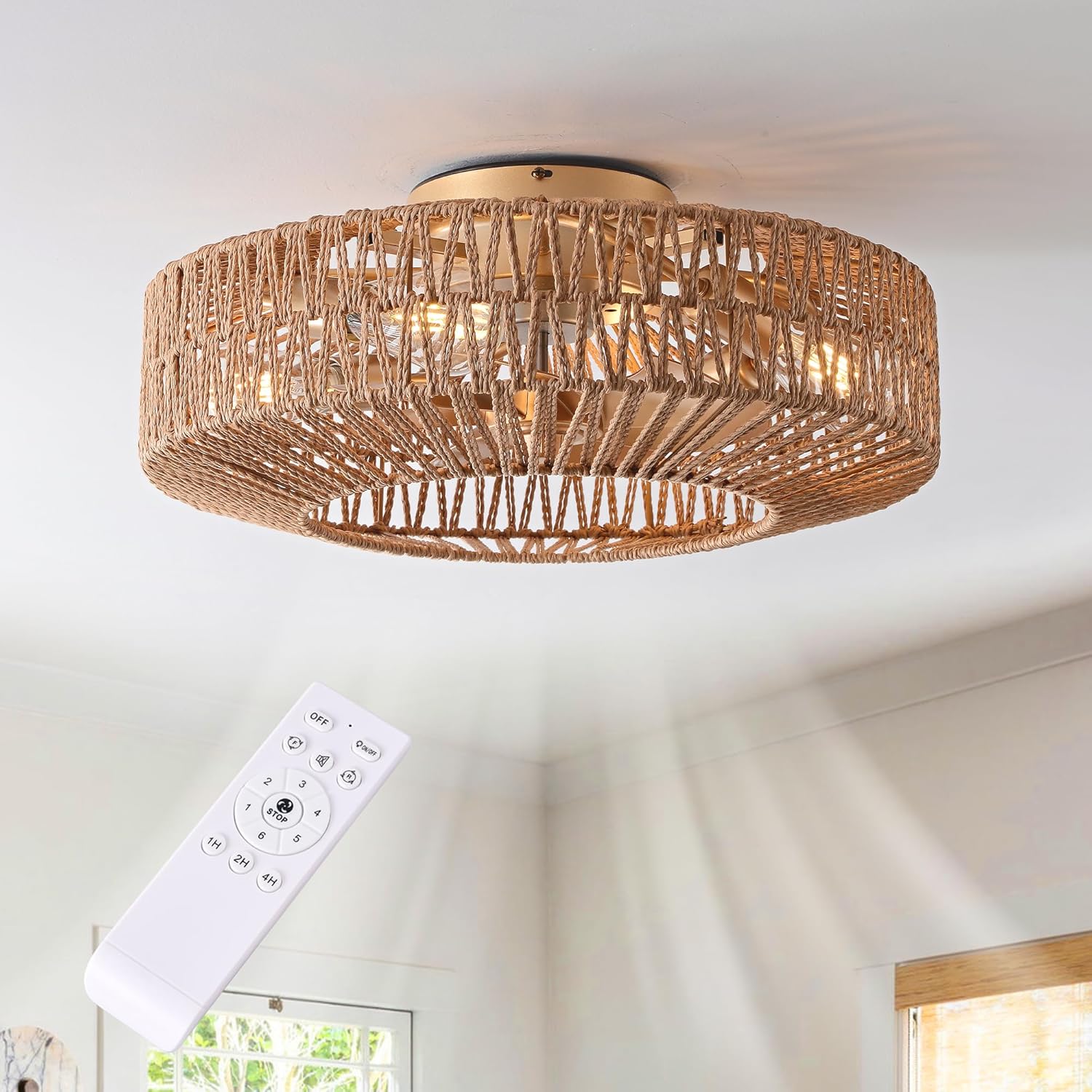 20" Boho Caged Fandelier with Lights Flush Mount Rattan Ceiling Fan with Lights and Remote Control, Enclosed 6 Speeds Low Profile Fan Light for Bedroom, Living Room, Kitchen