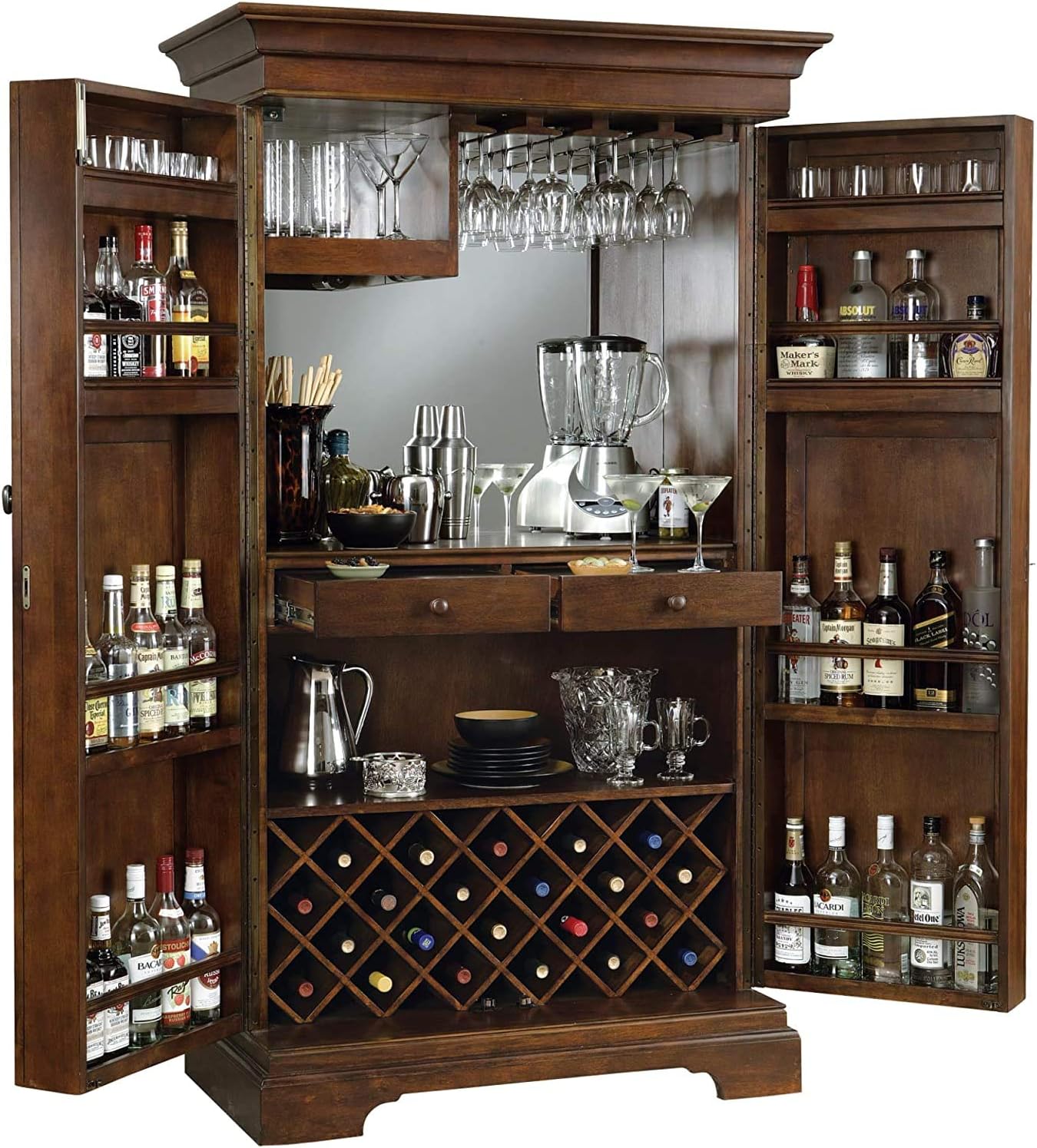 Howard Miller Sonoma II Wine & Bar Cabinet 695-065 – Cherry Bordeaux Finish, Lightly Distressed, Home Liquor Storage, Wooden Stemware Rack, 22 Bottle Wine Storage, Front Locking Doors