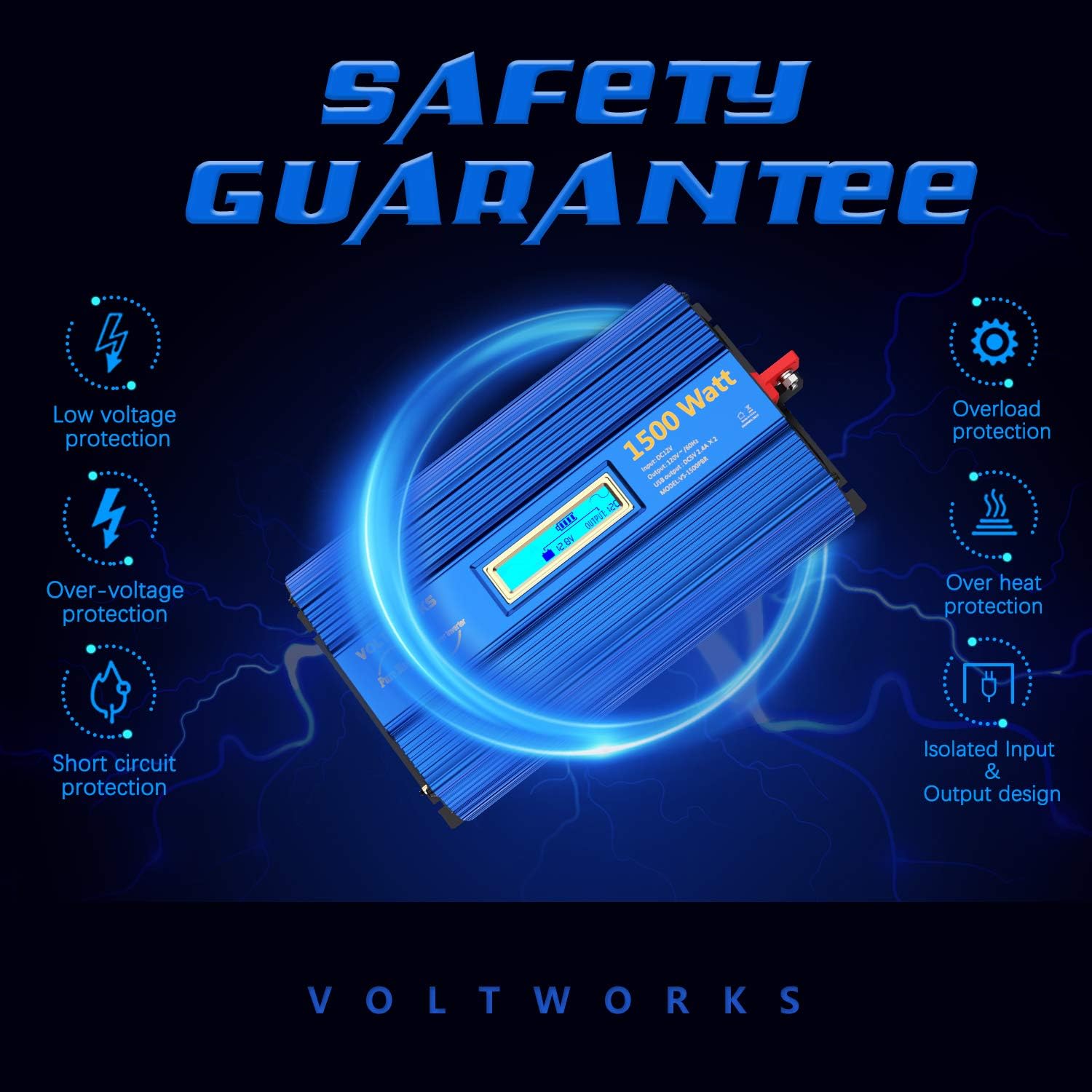 1500W Pure Sine Wave Power Inverter DC 12v to AC 110V-120V with Remote Control LCD Display and 2x2.4A Dual USB Ports 3 AC Outlets for Home RV Truck by VOLTWORKS