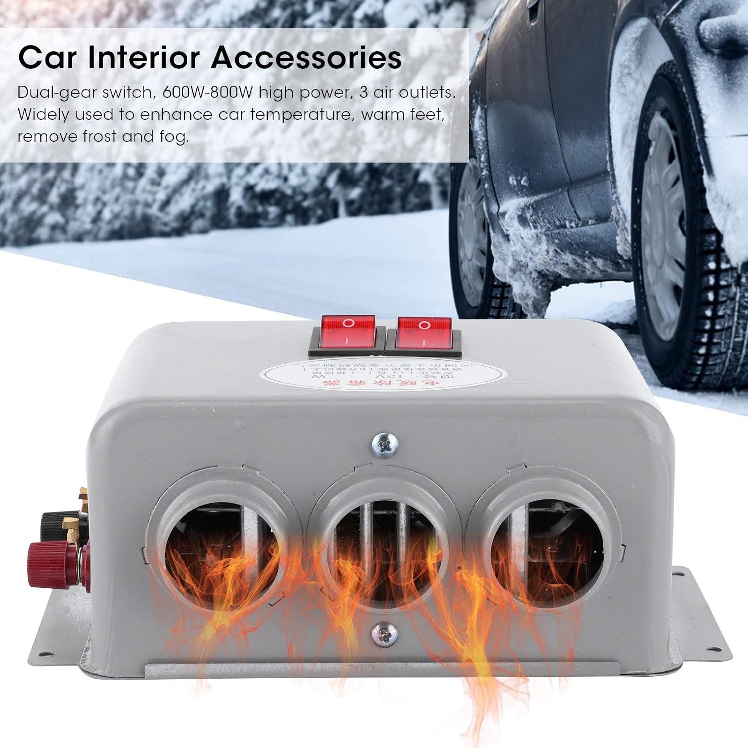 Akozon 12V Compact Car Heater 3 Hole 600W-800W Winter Fast Heating Warmer Frost Removing Low Noise for 12 Volt Heater Pack of 2