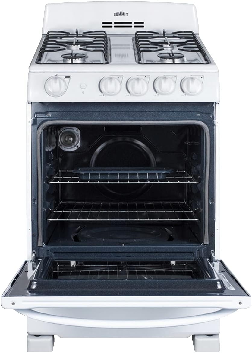 Summit RG244WS 24"" Freestanding Gas Range with 2.9 cu. ft. Oven Capacity Electronic Ignition High Backguard Broiler Drawer Continuous Grates and Safety Brake System for Oven Racks in White