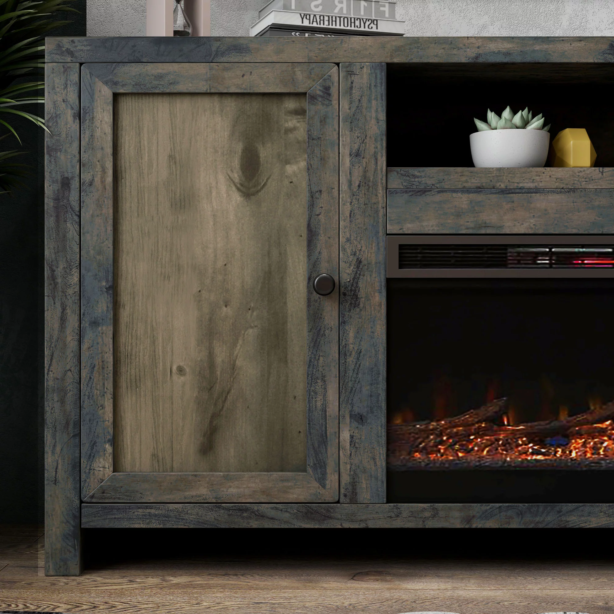 BVH 85 inch Fireplace TV Stand for 75 inch Tv's , Rustic, No Assembly Required, Solid Wood and Veneers, Barnwood