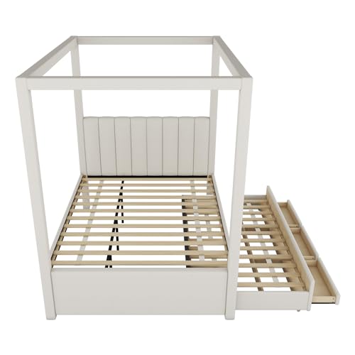 Twin Size 4 Poster Bed Canopy Bed with Upholstery Headboard, Built-in Trundle and 3 Drawers, for Kids Teens Adults, Beige