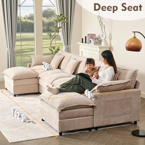 108" U Shaped Couch, Modular Sectional Sofa, 3-Seater Comfy Cloud Couch with Movable Ottoman, Deep Seat Couches for Living Room, Chenille, Black