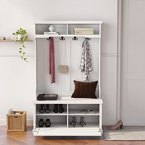 BNSPLY Hall Tree with Bench and Shoe Storage, 3 in 1 Entryway Bench with Coat Rack, Mudroom Bench with 4 Double Hooks, Entryway Furniture for Hallway (White, 40" L x 18.5" W x 64.6" H)