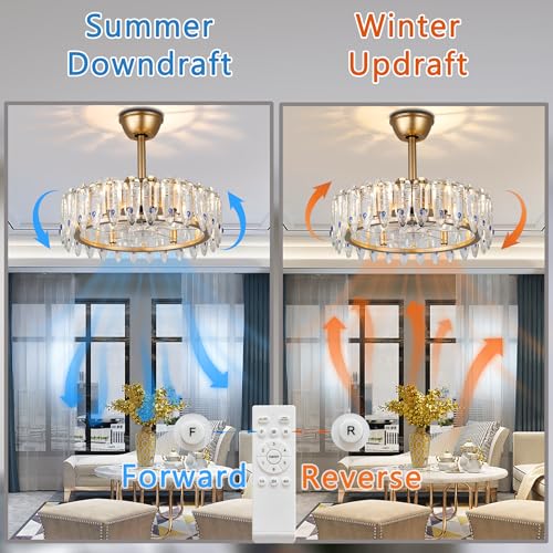 CXGLEAMING 42″ Modern Crystal Chandelier Fan with Lights Dimmable Crystal Ceiling Fans 3 Rings LED Fandelier, 6-Speed Flush Mount Ceiling Fan for Living Room Bedroom
