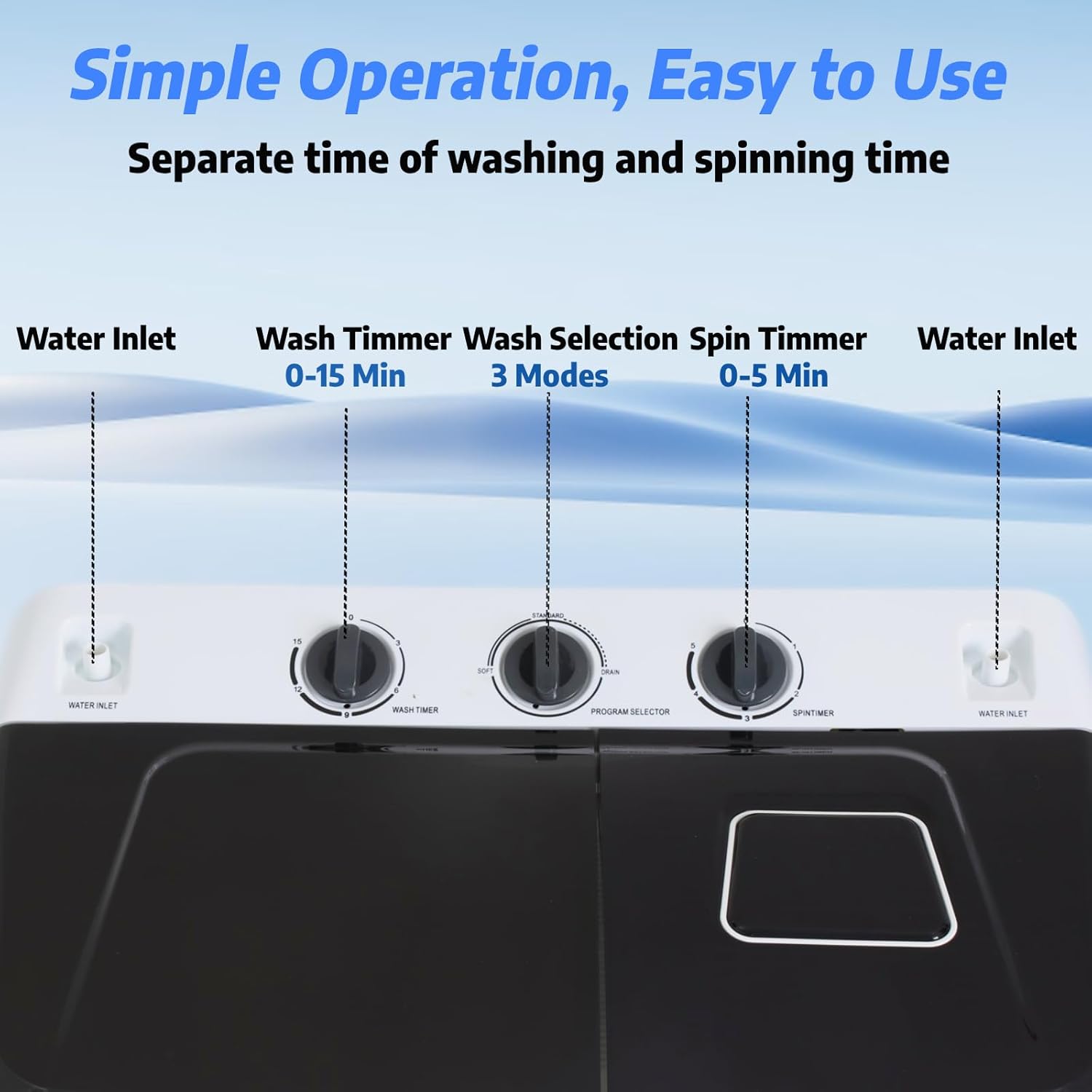 Nictemaw Portable 30Lbs Twin Tub Washing Machine Washer and Dryer Combo, 2 In 1 Compact Laundry Washer (19Lbs) and Spinner (11Lbs) with Built-in Drain Pump for Apartment Dorms RV, Black+White
