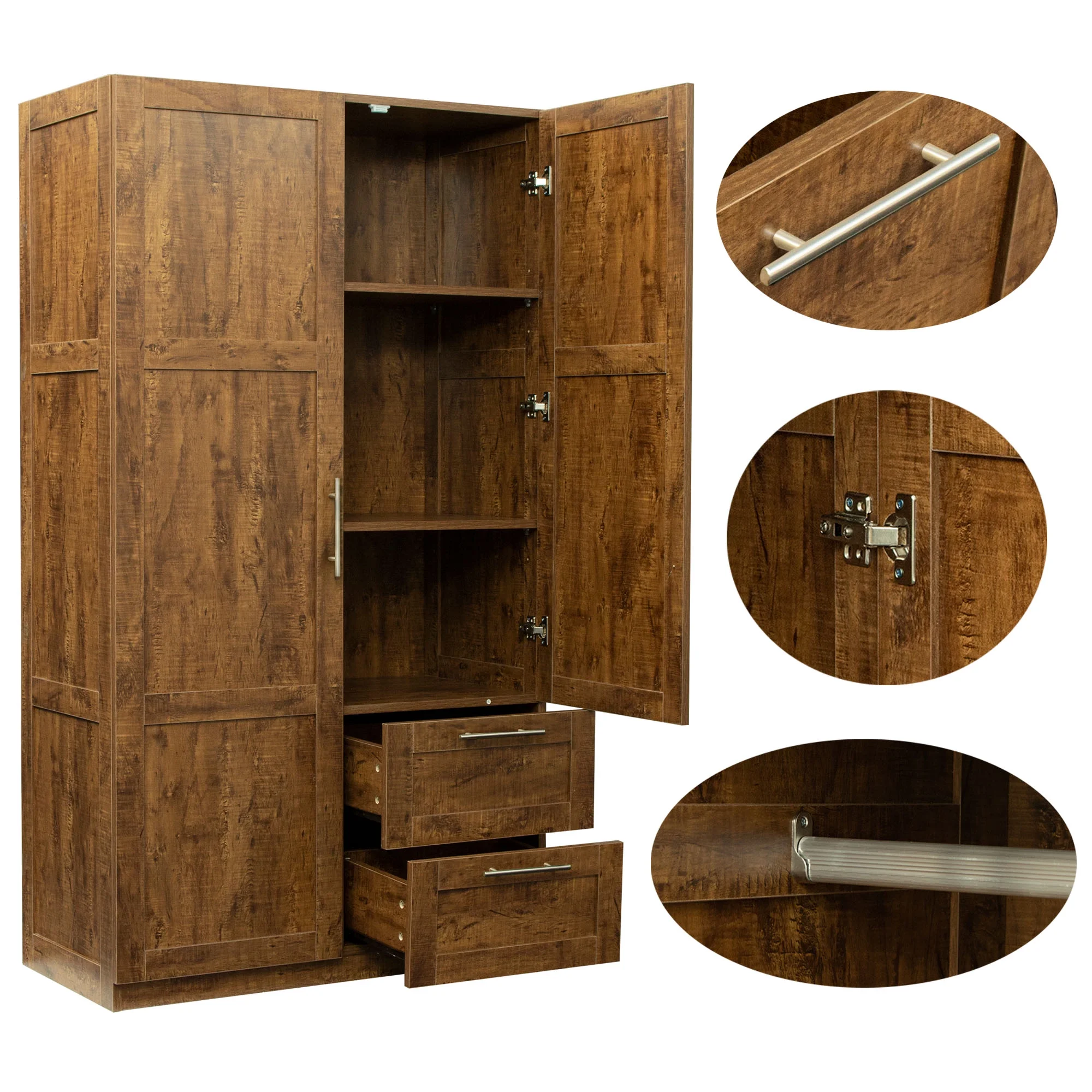 HIUU Double Wardrobe Cabinets,Wood Armoire with Drawers and Shelves for Living Room,Wood Armoire Wardrobe with Hanging Rod,Retro Brown