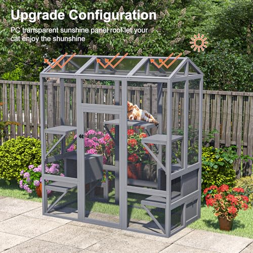 Catio Outdoor Cat Enclosure, Large Cat House for Mulitiple Cats Walk in Cat Cage with Waterproof Cover and Sunshine Panel Roof, Feral Cat Shelter with 7 Platforms and 2 Resting Box, 72 inch