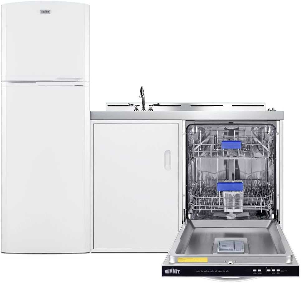 Summit Appliance ACKDW72 72" Wide All-in-one Kitchenette with Full-sized Frost-free Refrigerator-Freezer, 24" Dishwasher, Two Coil 115V Burners, Sink, and Storage Cabinet