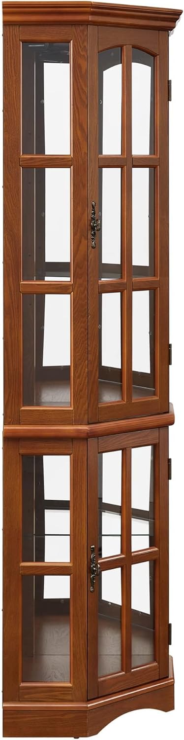 Curio Cabinets With Glass Doors, Corner Curio Cabinet with 5 Shelves and Lighting System, Display Cabinet with Glass Doors for Living Room, Home, Office, Study Room-Oak (light bulb not included)