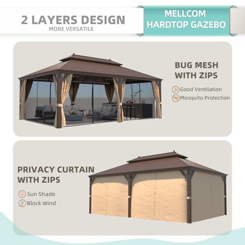MELLCOM 12'x16' Hardtop Gazebo, Galvanized Steel Metal Double Roof Canopy with Curtains and Netting, Brown Permanent Pavilion Gazebos with Aluminum Frame for Garden, Patio, Lawns, Deck