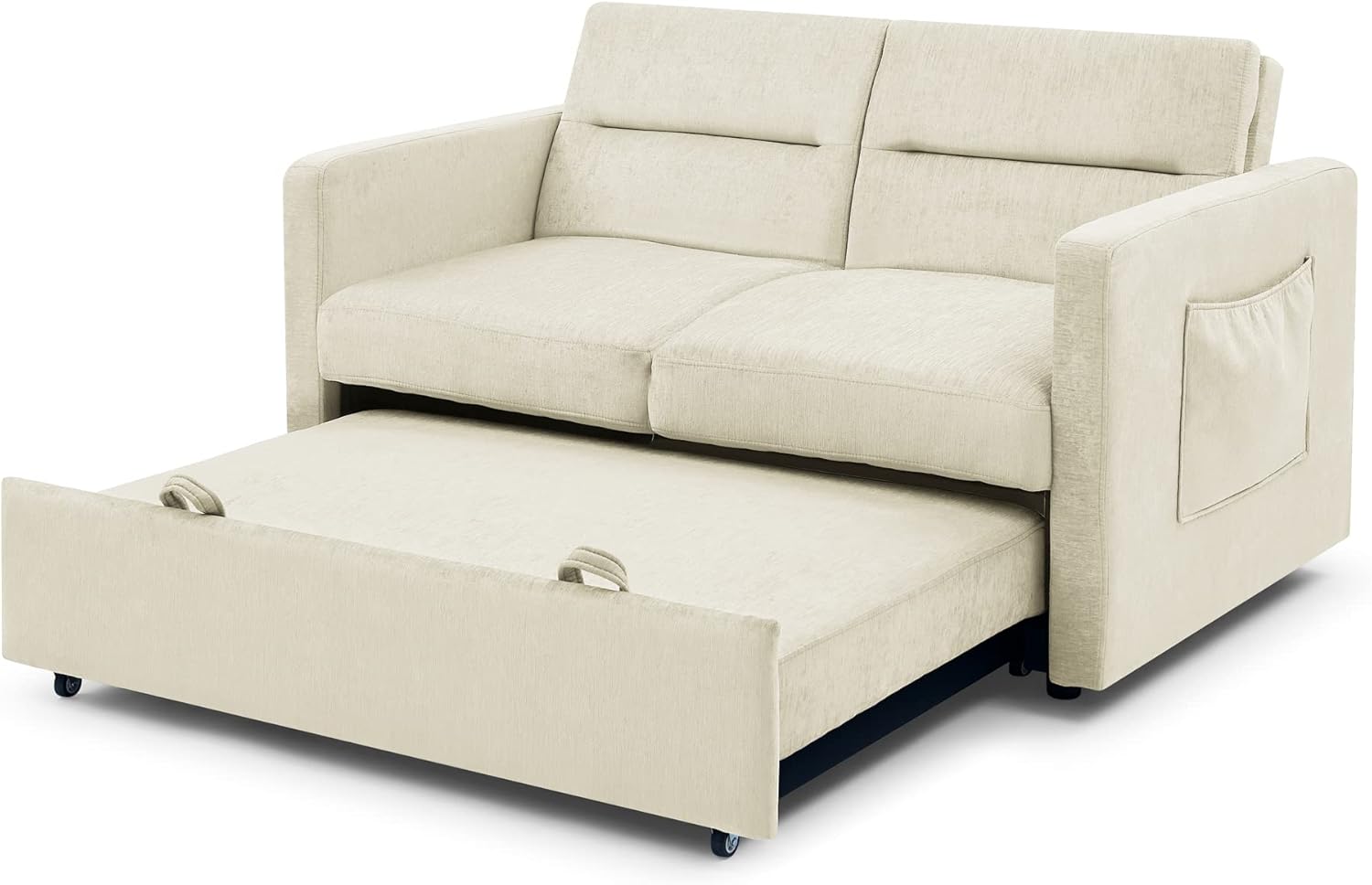 3 in 1 Convertible Sleeper Bed, Modern Loveseat Sofa & Pull Out Futon Couch, Small Love Seat Lounge Chaise w/Reclining Backrest, 2 Pockets, Furniture for Living Room, Beige Velvet 54.5"