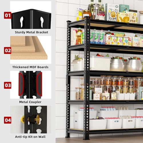 5 Tier Garage Storage Shelves - 32" W x 16" D x 63" H Adjustable Heavy Duty Metal Shelving Unit, Garage Shelving Utility Storage Rack for Basement, Pantry, Kitchen, Black, 2 PCS
